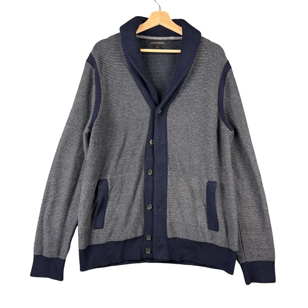 Banana Republic Mens XL Navy Blue Birdseye Shawl Collar Grandpa Cardigan Sweater